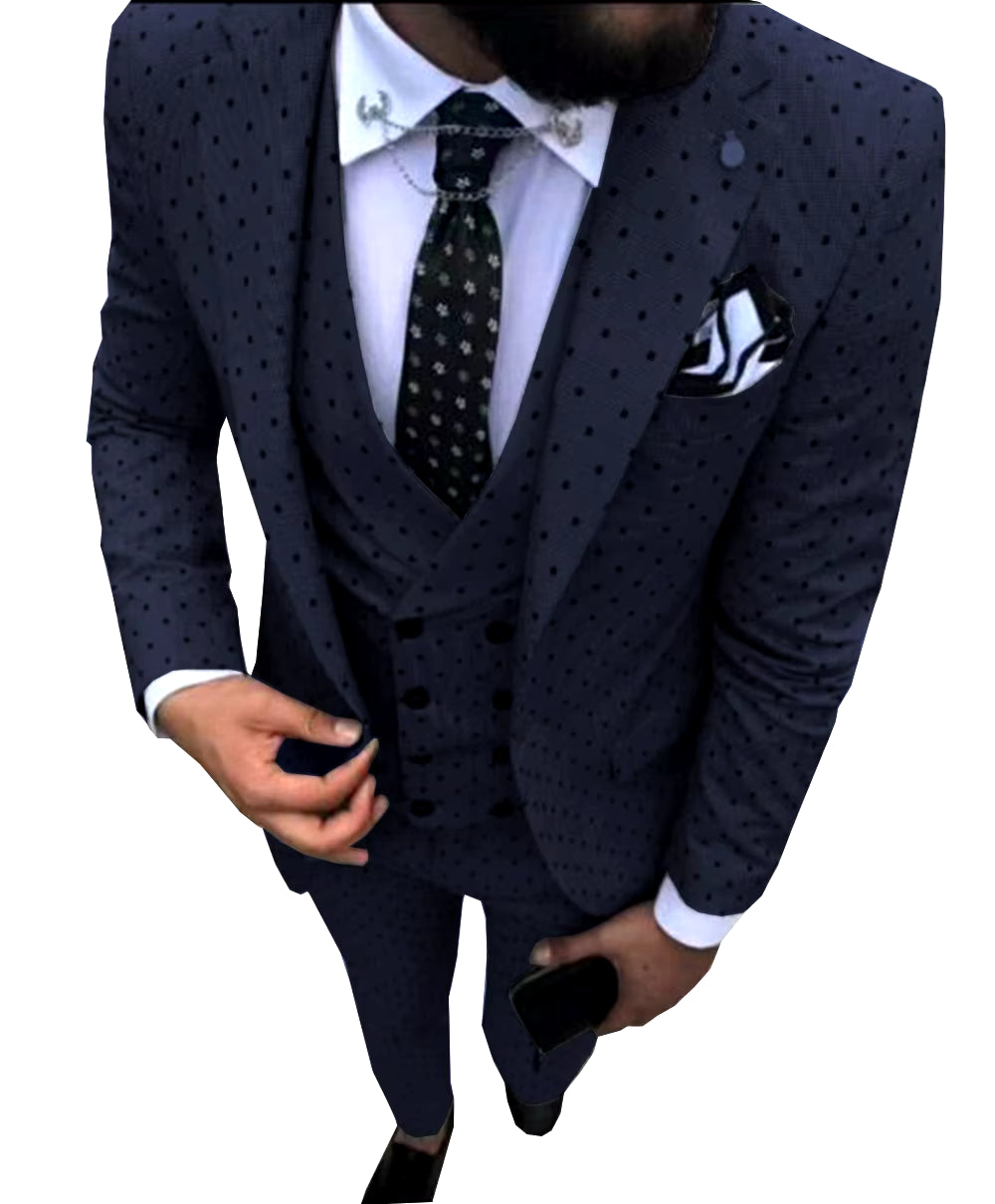 Men's Three-Piece Wave Point Suit Set - Blazer, Vest, and Pants for a Refined Casual Look at Work or Weddings