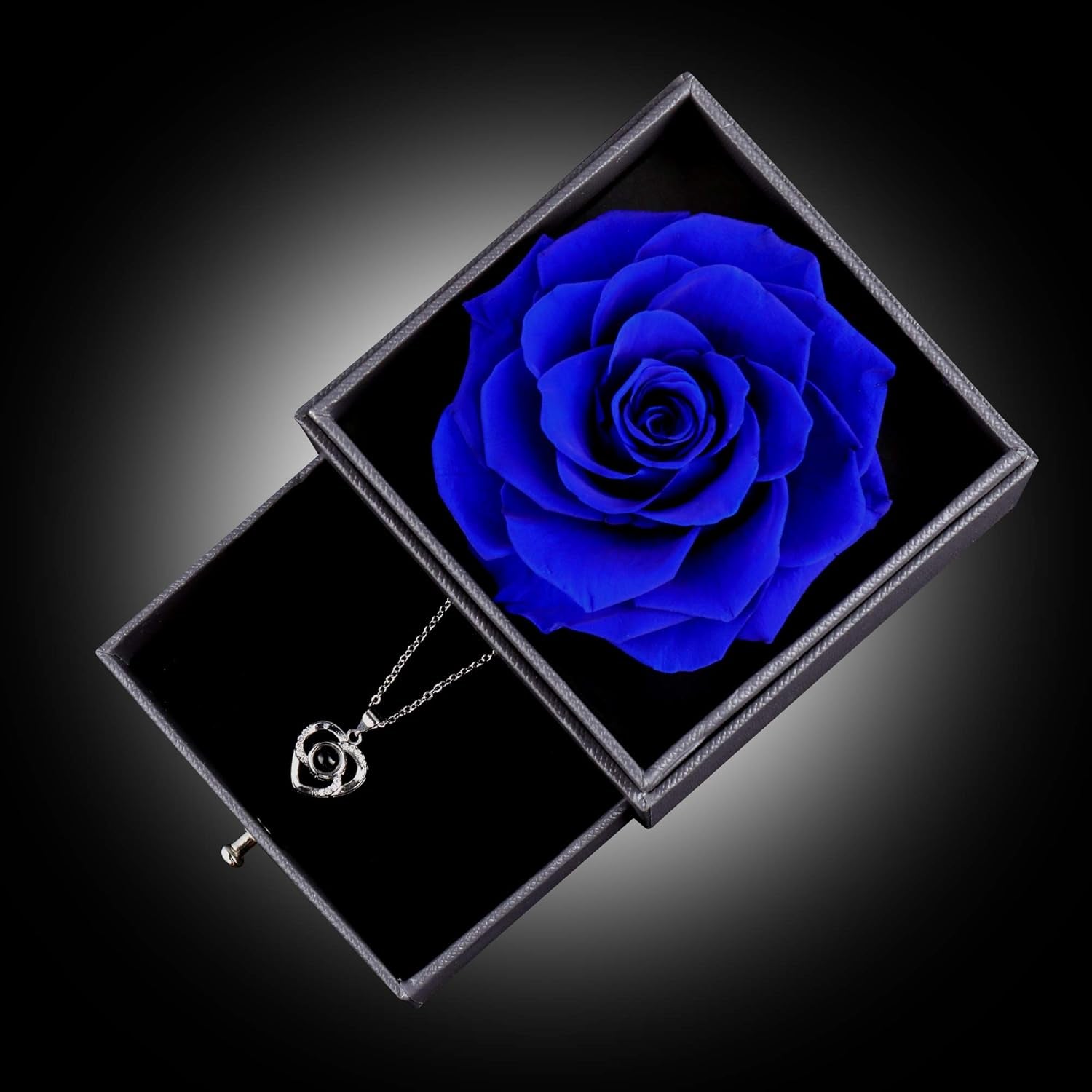 Elegant Preserved Blue Rose Gift Set with Silver-Tone Heart Necklace - A Timeless Expression of Love for Every Occasion