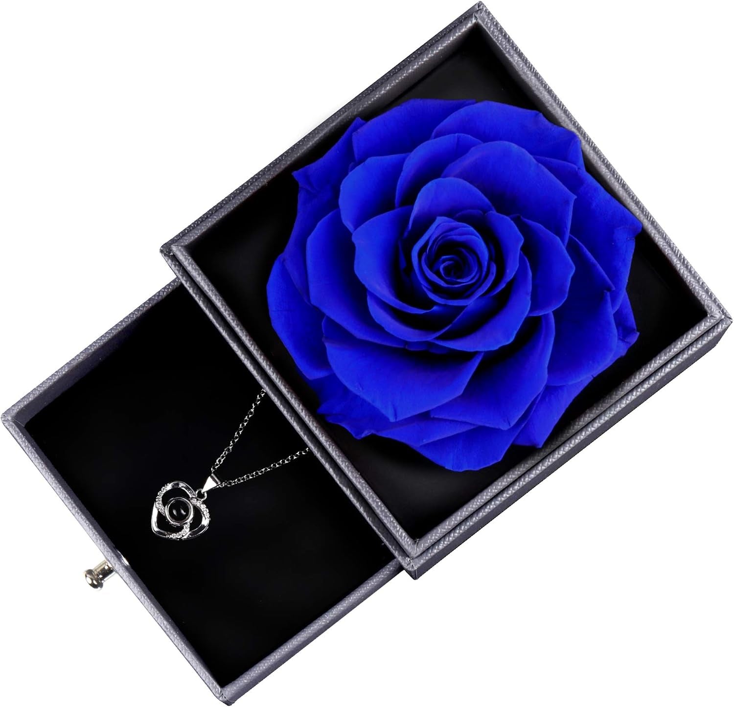 Elegant Preserved Blue Rose Gift Set with Silver-Tone Heart Necklace - A Timeless Expression of Love for Every Occasion