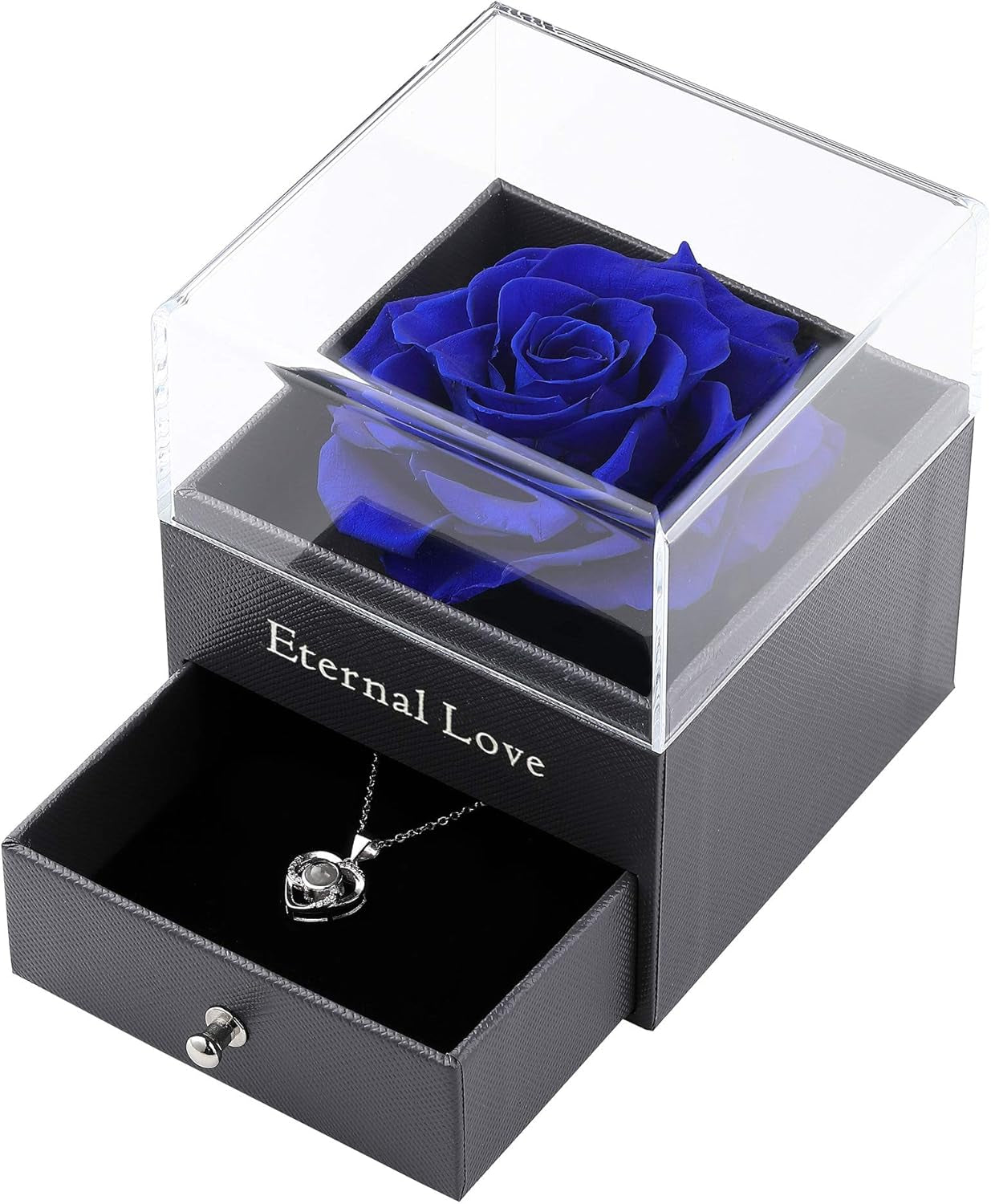 Elegant Preserved Blue Rose Gift Set with Silver-Tone Heart Necklace - A Timeless Expression of Love for Every Occasion