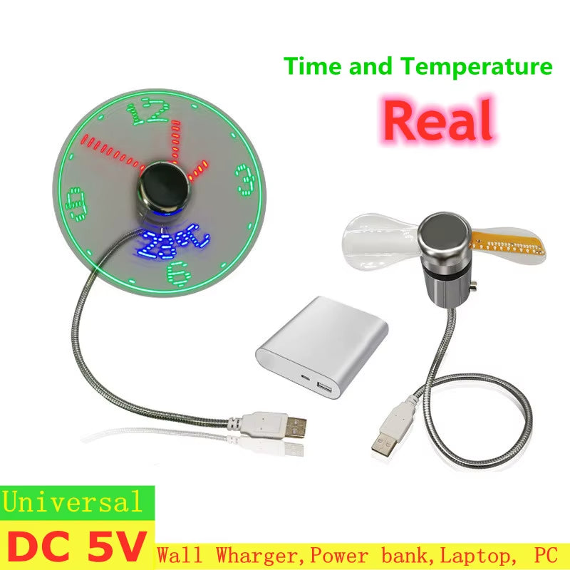 USB Gadgets Clock Fans Desk Ture Time Temperature Display with Small Night Light Metal Camping 5V Mini Fan for Summer Dropship