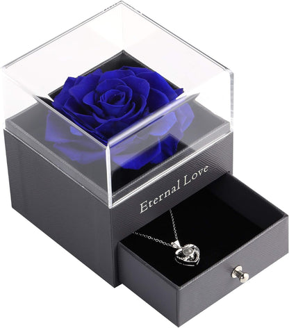 Elegant Preserved Blue Rose Gift Set with Silver-Tone Heart Necklace - A Timeless Expression of Love for Every Occasion