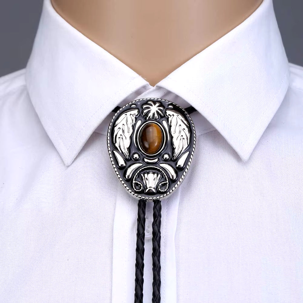 Vintage Western Leaf Tiger Eye Stone Bolo Tie for Man Handmakde Indian Cowboy Western Cowgirl Leather Rope Zinc Alloy Necktie