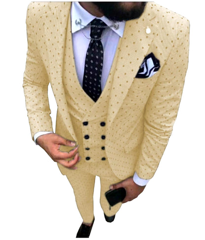 Men's Three-Piece Wave Point Suit Set - Blazer, Vest, and Pants for a Refined Casual Look at Work or Weddings