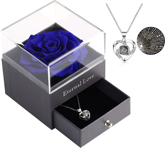 Elegant Preserved Blue Rose Gift Set with Silver-Tone Heart Necklace - A Timeless Expression of Love for Every Occasion