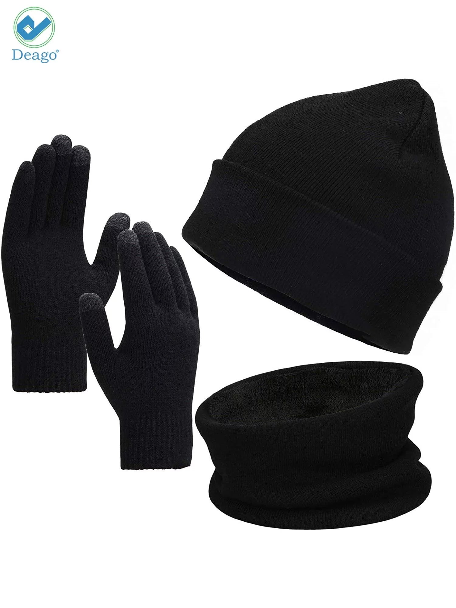 Winter Beanie Hat Scarf Touchscreen Gloves Set for Men and Women, Beanie Gloves Neck Warmer Set with Warm Knit Fleece Lined (Black)