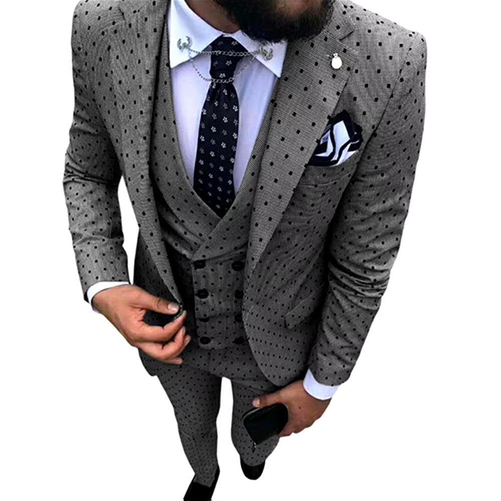 Men's Three-Piece Wave Point Suit Set - Blazer, Vest, and Pants for a Refined Casual Look at Work or Weddings